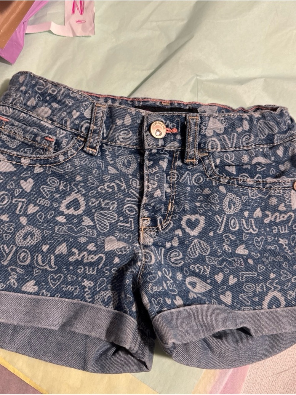 Jordache Blue Denim Shorts with Pink Heart & 'Love' Print